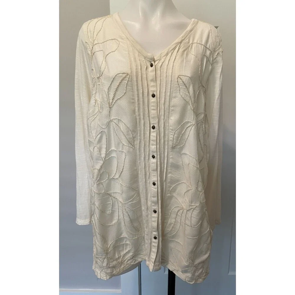 LUCKY BRAND Womens TOP Long Sleeve IVORY Mixed Media Size 1X
